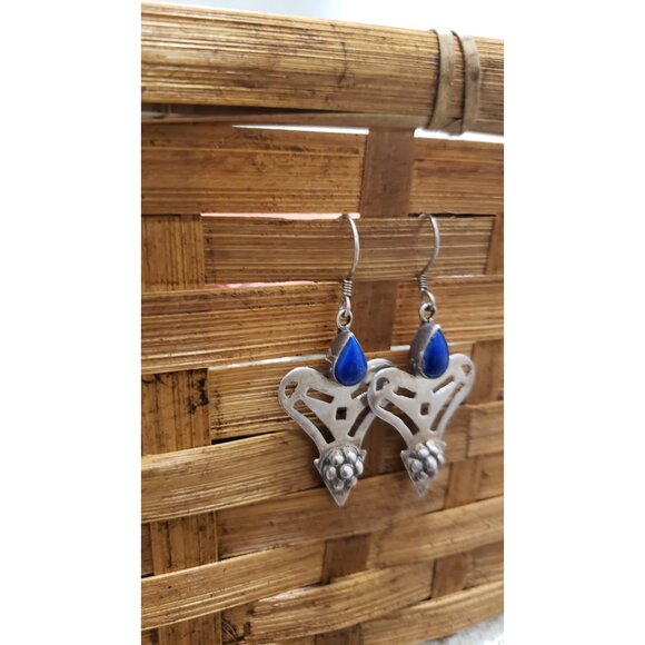 Vintage Silver Dangle Heart Shape Earrings With Lapis Lazuli S - Picture 2 of 10